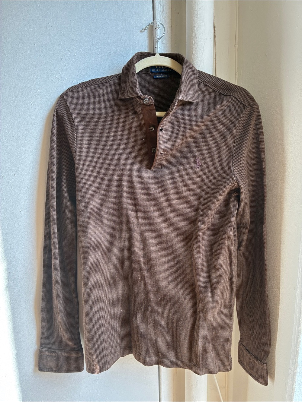 Ralph Lauren Brown Houndstooth Long Sleeve Polo